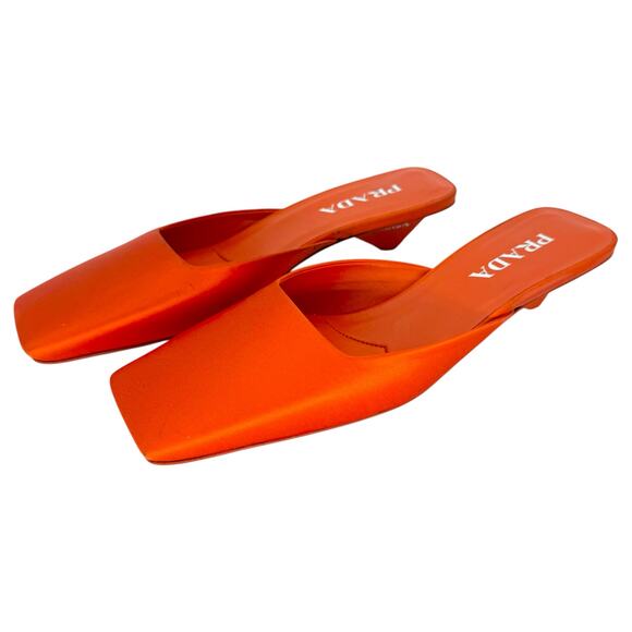 PRADA Modellerie Satin Mule EU 38 US 8 Bright Orange Square Toe Slip On Low Heel - Picture 4 of 11